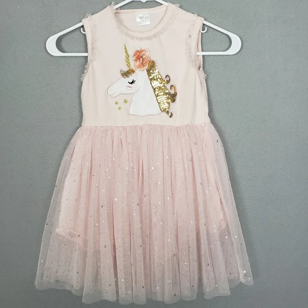 Unicorn Tutu Dress Pastel Pink Sparkle Star Balletcore Girls Size 5-6 Years